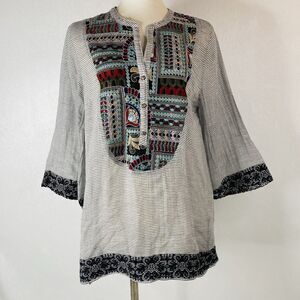 Soft Surroundings M Gray Striped Embroidered Tunic